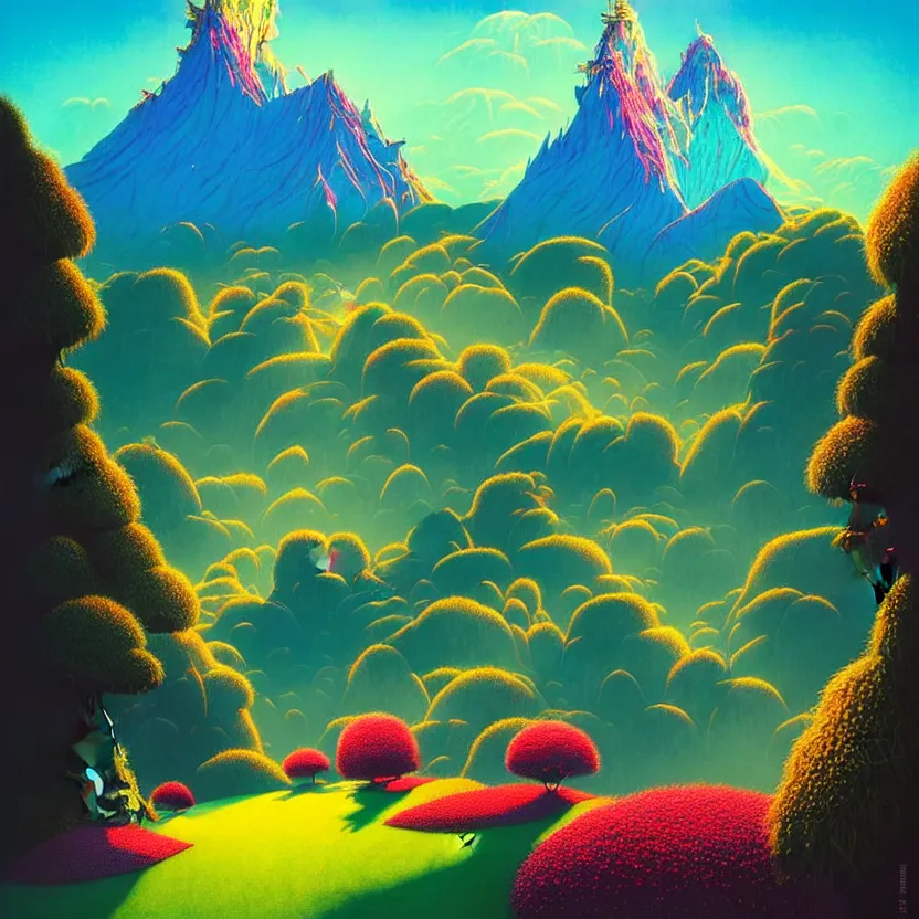 Image similar to fantasy world, kinabalu peak, summer morning, very coherent and colorful high contrast, art by!!!! gediminas pranckevicius!!!! geof darrow, pastel color, volumetric lighting, cinematic, floralpunk screen printing woodblock, dark shadows, hard lighting, stippling art