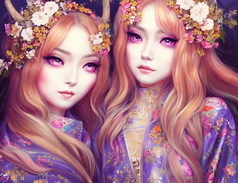 Image similar to two beautiful fashion siberian girls wear fantasy kimono in festival | | big eyes, sunny, dreamlike art, realistic shaded, smile, good looking, hyper details, 4 k realistic, cryengine, realistic shaded lighting poster by artgerm, ross tran, fuji choko, loish, 8 k resolution, trending on artstation, luxury