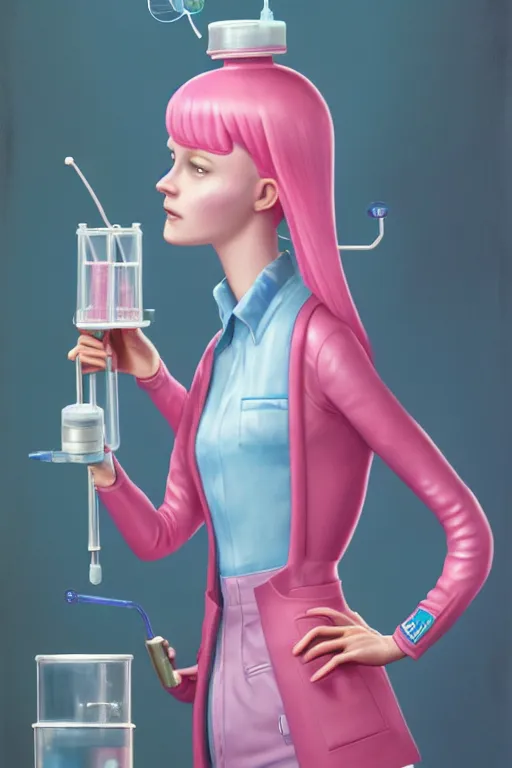 Image similar to highly detailed, industrial photography, profile view of adult princess bubblegum from adventure time, working in her science lab, wearing lab coat, long bubblegum hair, long straight bangs, confident, beautiful, attractive, illustration concept art by nicoletta ceccoli, mark ryden, lostfish, detailed and intricate environment, 8 k resolution, hyperrealistic, octane render