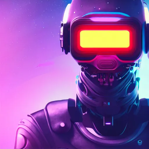 Image similar to cyberpunk concept cool cyborg bot, cinema 4 d, galaxy, cosmos, ufo, space sci - fi, wearing vr goggles, illustration, portrait, pastel neon textured background night, trending on artstation, greg rutkowski, octane rendered, 1 2 k, detailed,