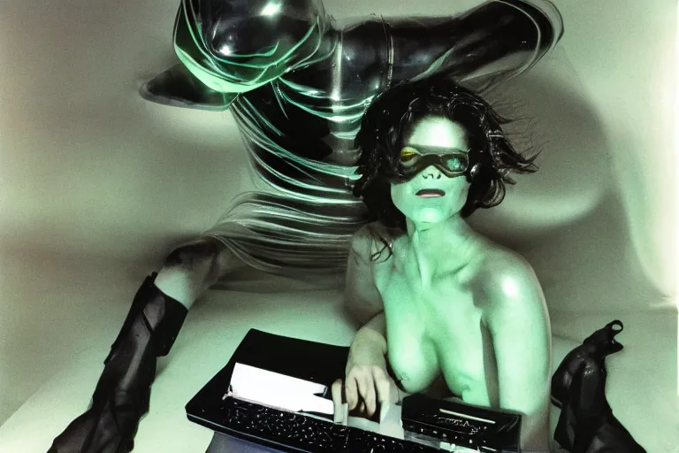 Prompt: handsome alien woman using a computer submerged in translucent goo, in 1 9 8 5, y 2 k cybercore, industrial low - light photography, in the style of terry richardson