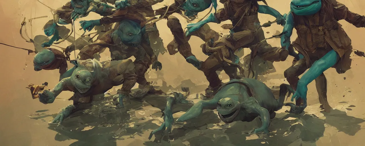 Image similar to duotone olive mutagen illustration 3 / 4 portrait of gollum kung fu fighting with ninja turtles chaotic composition accidental renaissance golden ratio. by sachin teng and sergey kolesov and ruan jia and heng z. graffiti art, scifi, fantasy, hyper detailed. octane render. concept art. trending on artstation