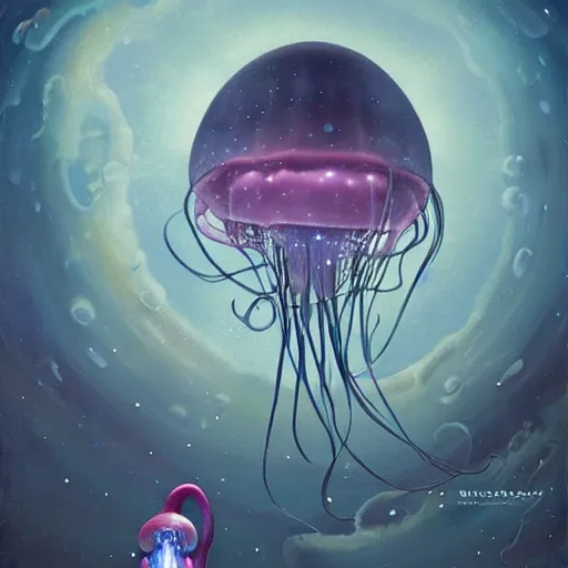 Image similar to a hyperrealistic illustration of a jellyfish in space, visible inside is a city with lights, award-winning, masterpiece, in the style of Tom Bagshaw, Cedric Peyravernay, Peter Mohrbacher