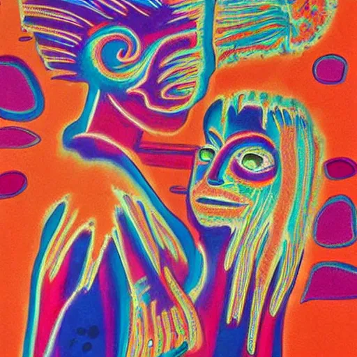 Image similar to beautiful painting of two bizarre psychedelic women kissing each other closeup in japan, speculative evolution, mixed media collage by basquiat and alex grey, magazine collage art, paper collage art, sapphic art, lesbian art