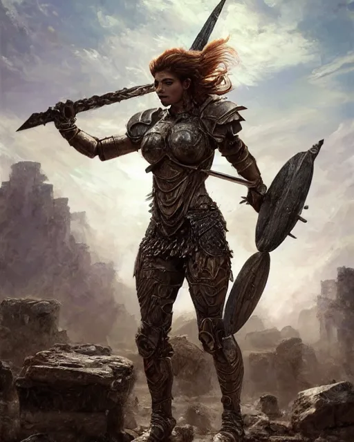 Prompt: muscular female warrior princess wearing heavy plate armor, robust stocky body, at the stone ruins, rpg artwork, hyperdetailed, hyperrealistic, soft light, imposing presence, pino daeni and dan mumford, artstation, intricate metal, smooth, sharp focus