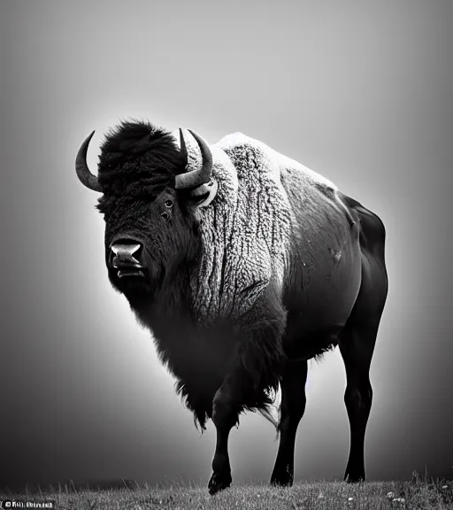 Image similar to Award winning Editorial photo of an american bison in yellowstone by Edward Sherriff Curtis and Lee Jeffries, 85mm ND 5, perfect lighting, gelatin silver process