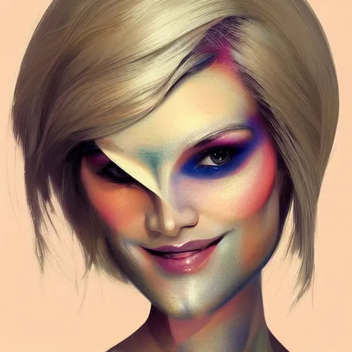 Prompt: android robot woman face painting, looking straight to camera, blond hair, muted colors, matte print, pastel colors, ornate, digital art, cute smile, winning artwork, digital painting, professional art, elegant, by Ilya Kuvshinov, by artgerm