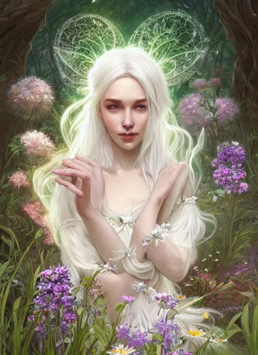 Prompt: highly detailed ilustration of a beautiful white haired woman as a fairy princess in a garden holding a bunch of wild flowers, deep focus, d & d, fantasy, intricate, elegant, highly detailed, digital painting, artstation, concept art, matte, sharp focus, illustration, hearthstone, art by artgerm and greg rutkowski and alphonse mucha