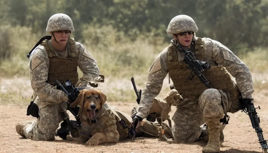 Prompt: a big budget movie about a soldier sends a dog to attack a cyborg