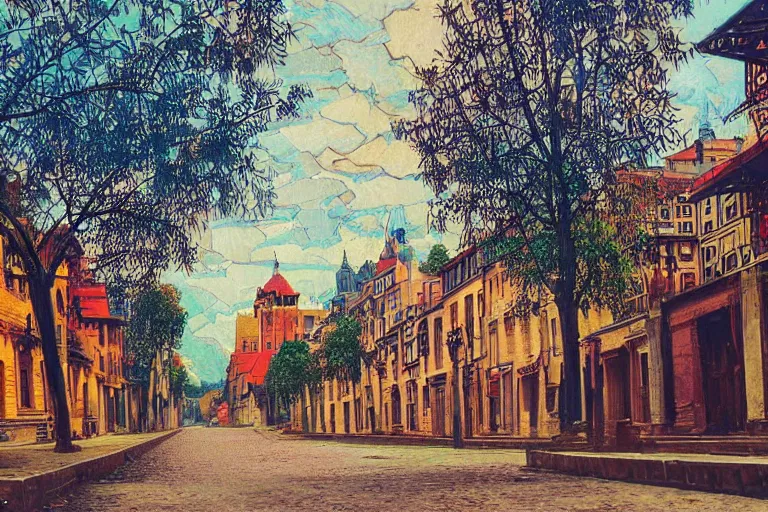 Image similar to tree-lined street in a very old very beautiful city by Gustav Bauernfeind and Nicholas Roerich, ornate wrought iron, strong dramatic cinematic lighting , colorful tiled architecture, lost civilizations, smooth, sharp focus, extremely detailed