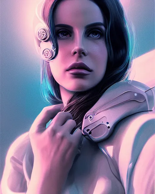 Image similar to portrait of lana del rey as a cyborg. intricate abstract. intricate artwork, by tooth wu, wlop, beeple, dan mumford. concept art, octane render, trending on artstation, greg rutkowski very coherent symmetrical artwork. cinematic, key art, hyper realism, high detail, octane render, 8 k, iridescent accents