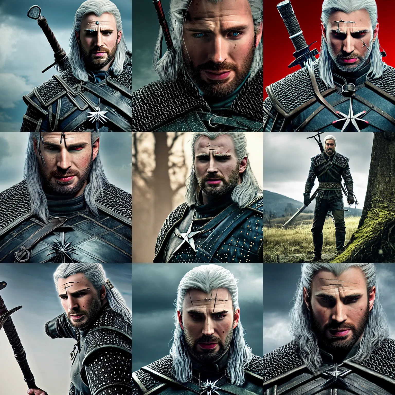 Prompt: Chris Evans as the Witcher, photo real, 4k, cinematic