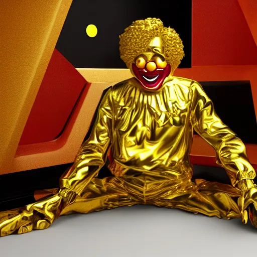 Image similar to A still of Ronald McDonald surrounded by gold and diamonds, Award-winning, photograph, 3d render, unreal engine, 4k detailed