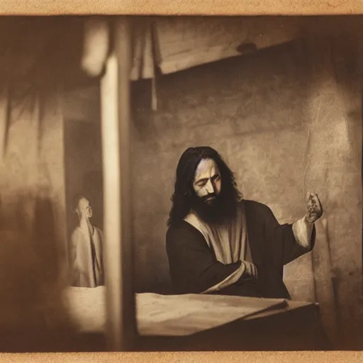 Image similar to studio photo of jesus in a chinese sweat shop, studio portrait