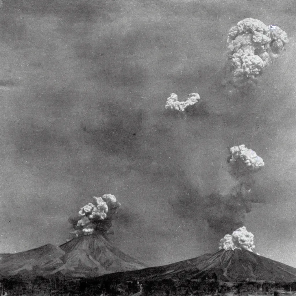 Prompt: a real photo of the eruption of mount vesuvius in 7 9 ad as seen by the villagers who are running away