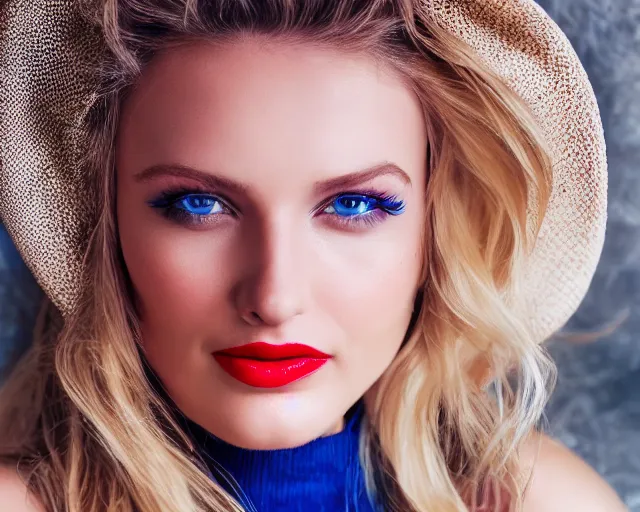 Prompt: A portrait of a beautiful blonde woman with beautiful blue eyes and beautiful red lips, piercing eyes, in heaven, highly detailed, bokeh, professional photograph, 4K, HD