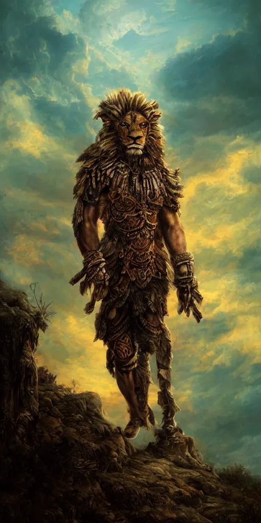 Prompt: lion mutant warrior , clothes , backlight body , extreme very textured detailed intricate victorian painting , sunset, dramatic clouds cyan atmosphere