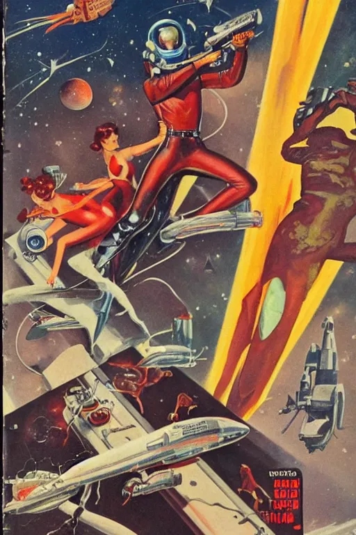 Image similar to 5 0 s pulp science fiction cover illustration of hero firing retro later pistol at extraterrestrial monster on alien planet, in background many alien creatures, a park, a rocketship, space and nebula and venus, art by earle bergey, norman rockwell, frank schoonover, leyendecker, allen anderson, greg staples, basil gogos, syd mead