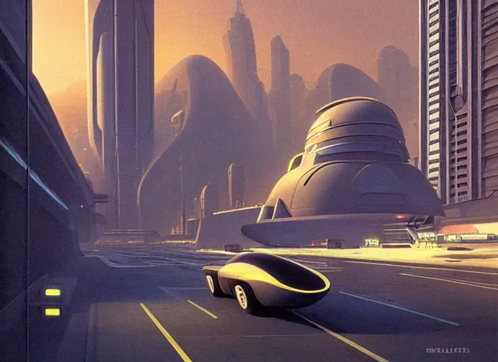 Image similar to a sci-fi spaceship driving down a street next to tall buildings, cyberpunk art by Chesley Bonestell, cgsociety, retrofuturism, matte painting, reimagined by industrial light and magic