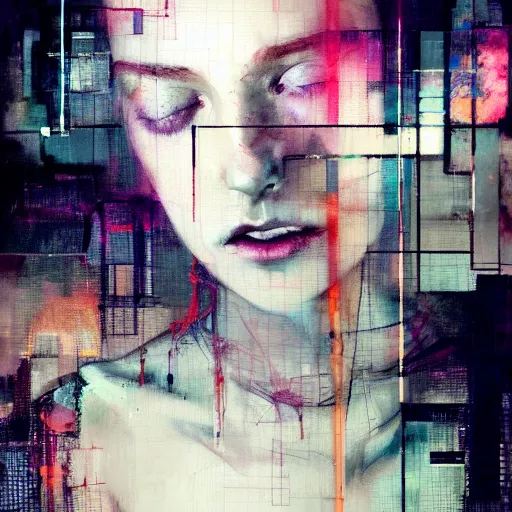 Image similar to portrait of a beautiful young woman cyber dreamer glitchcore wires, machines, by jeremy mann, francis bacon and agnes cecile, and dave mckean ink drips, paint smears, digital glitches glitchart