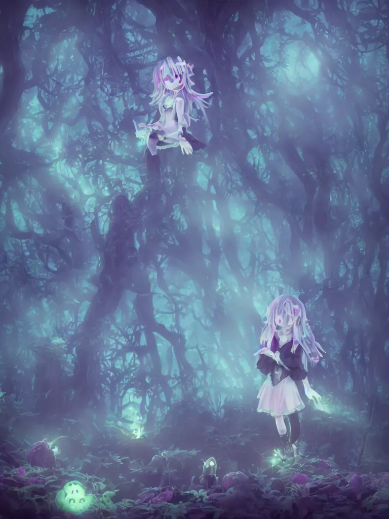 Prompt: cute fumo plush of a gothic maiden girl who is composed of shadows, inverse color, overgrown mystical mushroom forest temple grounds, penumbral shadowcreature, wisps of volumetric vortices of glowing smoke surrounding, long dark tattered umbra, tilt shift, isometric orthographic, vignette, vray