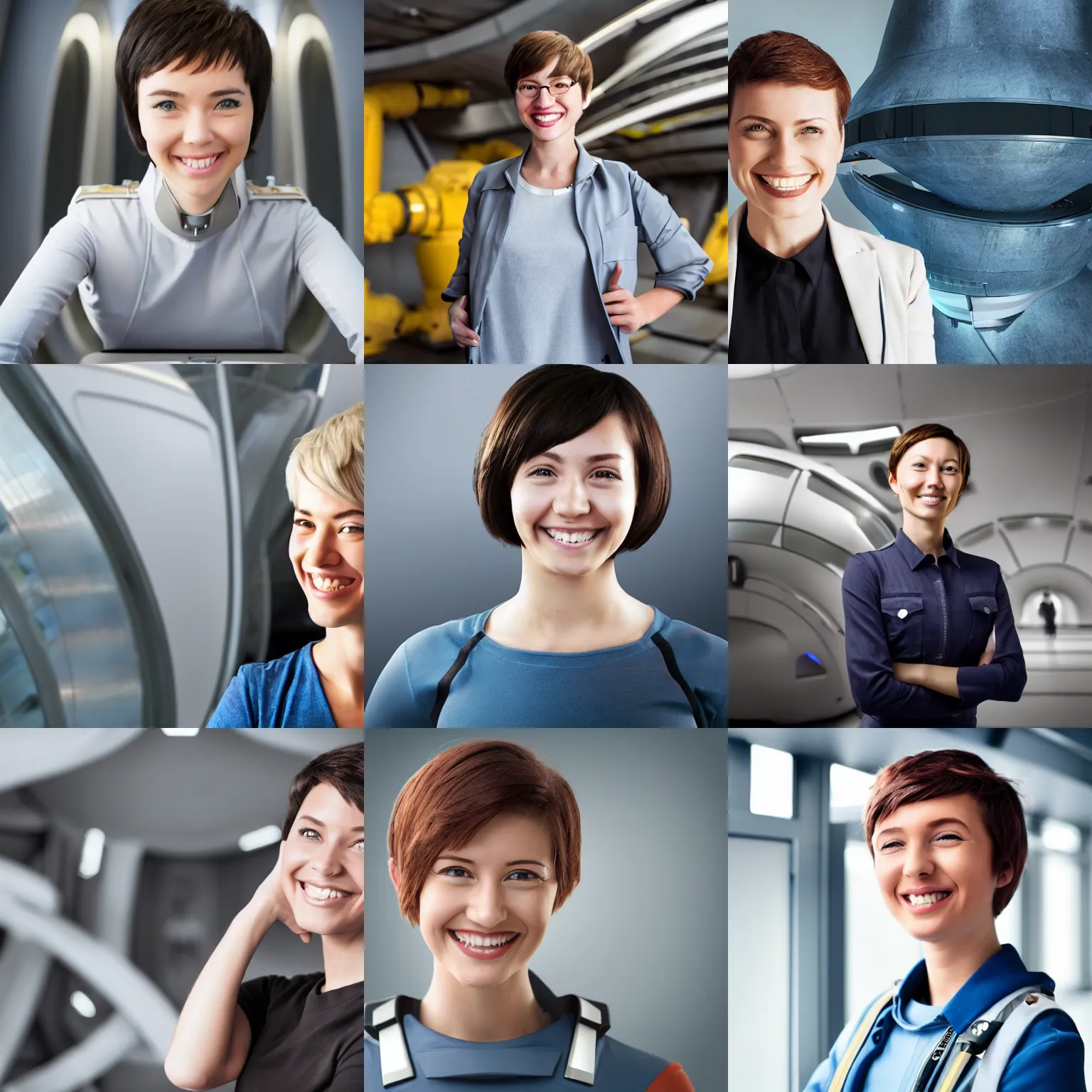 Prompt: futuristic starship engineer with short hair, female, optimistic smile, candid, sci fi character portrait