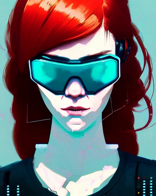 Image similar to cyberpunk synth, hyper - realistic detailed portrait of a happy girl, red hair, cinematic, by atey ghailan, by greg rutkowski, by greg tocchini, by james gilleard, by joe fenton, by kaethe butcher, 8 k, very intricate, dynamic lighting, gradient light blue, brown, blonde cream and white color scheme, sharp focus, grunge aesthetic