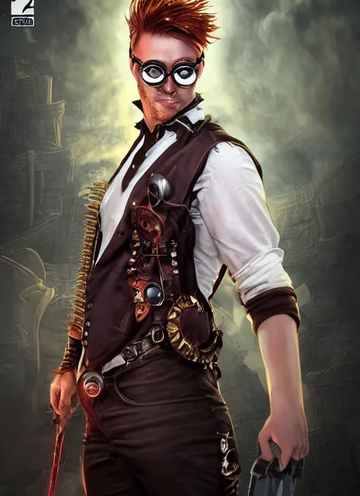 Prompt: An epic fantasy comic book style portrait painting of young man with red spiked long hair, using an steampunk googles. Wearing a black waistcoat, white shirt. Fire on his hands. Unreal 5, DAZ, hyperrealistic, octane render, cosplay, RPG portrait, dynamic lighting