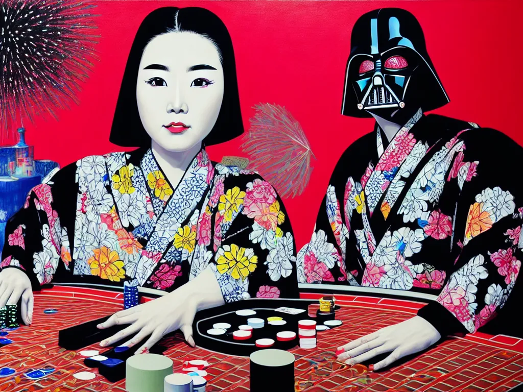 Image similar to hyperrealism composition of the detailed woman in a japanese kimono sitting at an extremely detailed poker table with darth vader, fireworks on the background, pop - art style, jacky tsai style, andy warhol style, acrylic on canvas