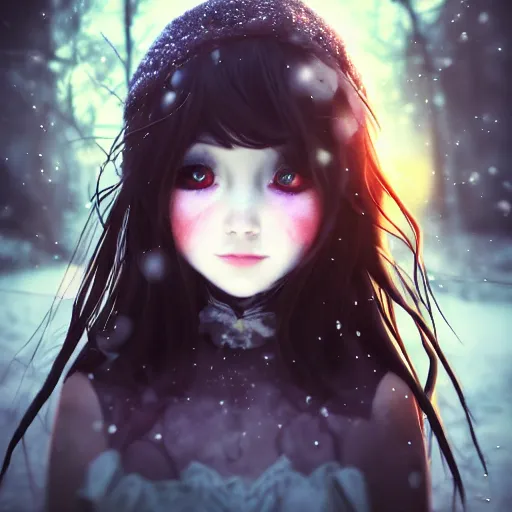Image similar to focus face portrait of beautiful darkness witch 3D anime girl, dark forest background, snowing, bokeh, inspired by Tim Burton, digital painting, high contrast, unreal engine render, volumetric lighting, high détail