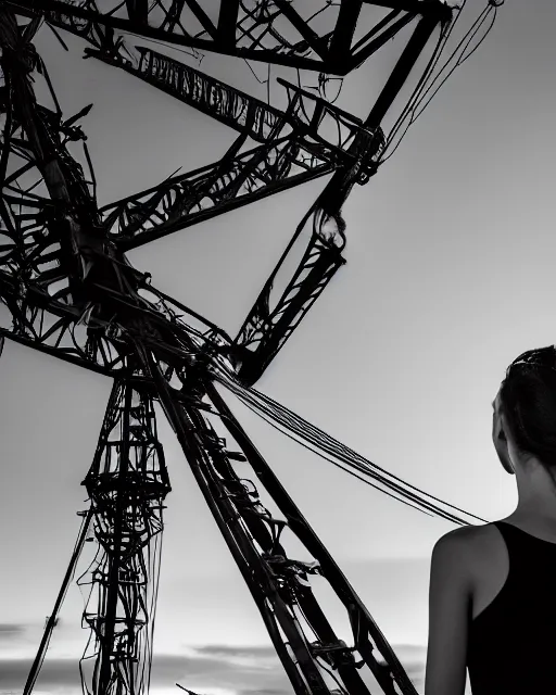 Prompt: a high fashion model balancing on a crane, hairs fly in the wind, documentary, 8 k screenshot, 3 5 mm lens, f stop, lens flare