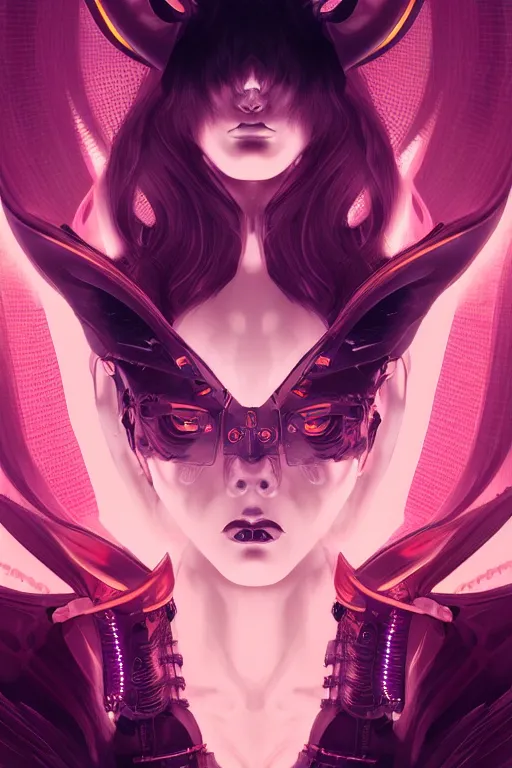 Image similar to portrait futuristic Devil Girl with horns and wings, in future cyberpunk tokyo rooftop , ssci-fi, fantasy, intricate, very very beautiful, elegant, human anatomy, neon light, highly detailed, digital painting, artstation, concept art, smooth, sharp focus, illustration, art by tian zi and WLOP and alphonse mucha