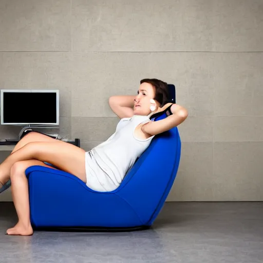 Image similar to woman lounging in a gaming chair, left leg on the floor, right leg dangling over the right arm of the chair