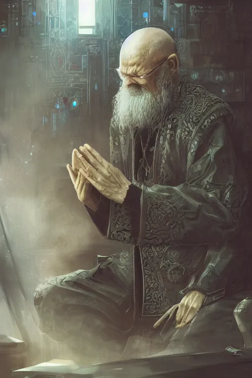 Prompt: ultrarealistic illustration cyberpunk old russian priest praying, cyberpunk, sci-fi fantasy, intricate, elegant, highly detailed, digital painting, artstation, concept art