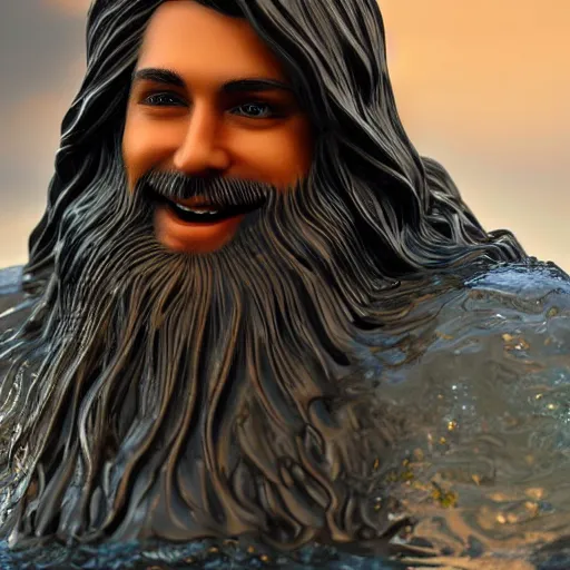 Prompt: a flawless, purely water sculpture of a man with long hair, with trimmed beard, smiling widely. sculpture made of water, extremely detailed, award-winning art, trending on Artstation