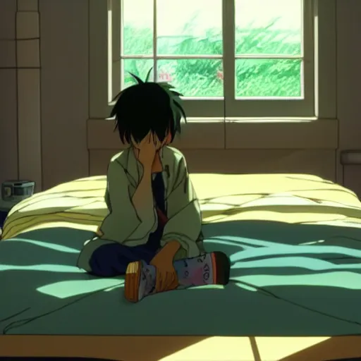 Image similar to a boy with long green hair lies in a hospital bed with a bunch of sunflowers by the window, by mamoru hosoda, hayao miyazaki, makoto shinkai