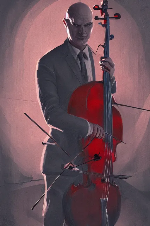 Image similar to an expressive portrait of agent 4 7 playing the cello in a monastery, dark background, red rim light, digital art, artstation, concept art by giger stalenhag