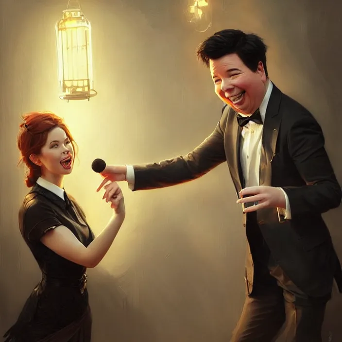 Image similar to michael mcintyre flirting with a singing waitress, elegant, real life skin, intricate artwork, high detailed, artstation, concept art, smooth, sharp focus, art by artgerm and greg rutkowski