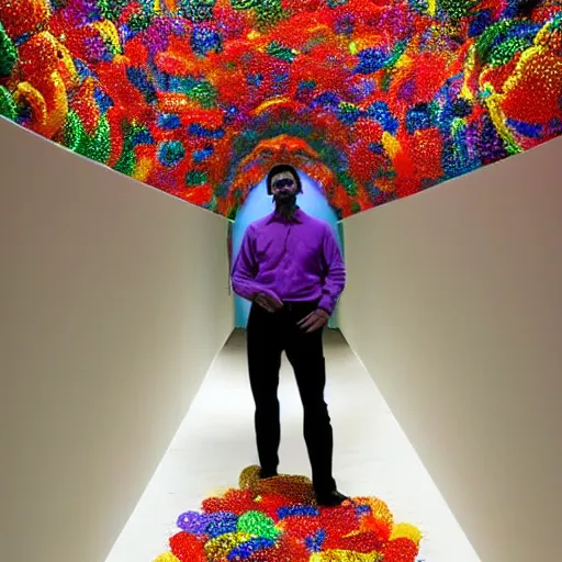 Image similar to a man standing in a tunnel with a colorful background, an abstract sculpture by huang ding, featured on dribble, interactive art!!!!!, made of insects!, biomorphic, irridescent!!