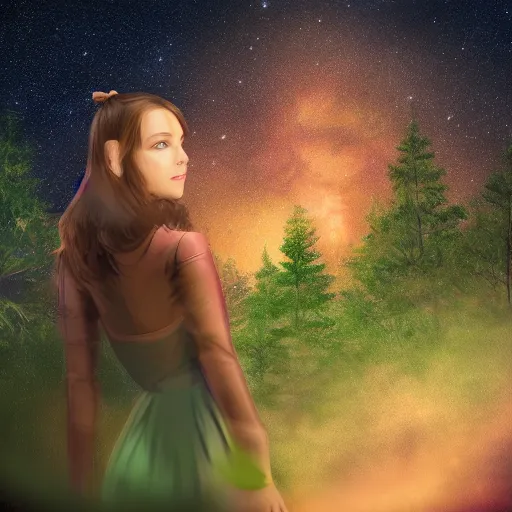 Image similar to an hd photo of a cute young woman with short brown hair and green eyes, beautiful trees in the background, night sky with stars and galaxies, trending on artstation