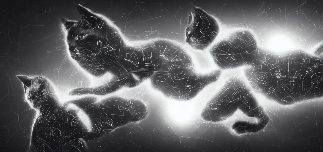 Image similar to nanobots swarm forming shapes of a cyborg cat and a cyborg cat, monochrome, ferroluid, hybrid, black and white artistic photo, artstation, futuristic, scifi style, energy