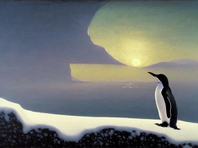 Image similar to an oil painting of a penguin playing in pure white snow on an iceberg in a serene ocean at dusk. aurora. by beksinski tuomas korpi moebius and carl spitzweg. baroque elements. intricate artwork by caravaggio. oil painting. oil on canvas. award winning. dramatic. trending on artstation. 8 k