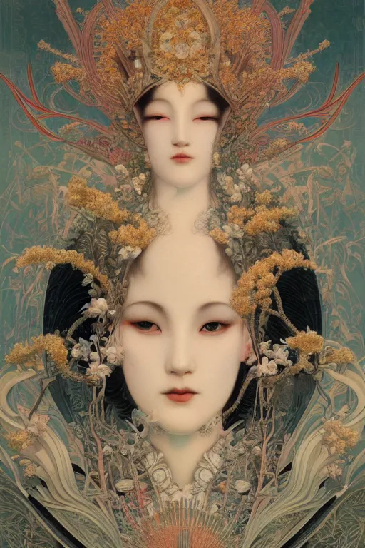 Image similar to portrait breathtaking detailed concept art painting art deco pattern of birds goddesses amalmation flowers head boudhisme temple, by hsiao ron cheng, tetsuya ichida, bizarre compositions, gaston bussiere, exquisite detail, extremely moody lighting, 8 k, art nouveau, old chines painting, art nouveau