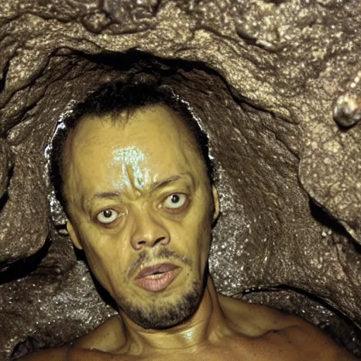 Image similar to photo inside a cavern of a wet reptilian humanoid charles mingus partially hidden behind a rock, with black eyes, open mouth and big teeth