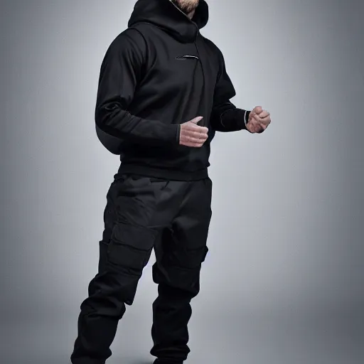 Image similar to gigachad wearing techwear outfit, studio photo, 8k