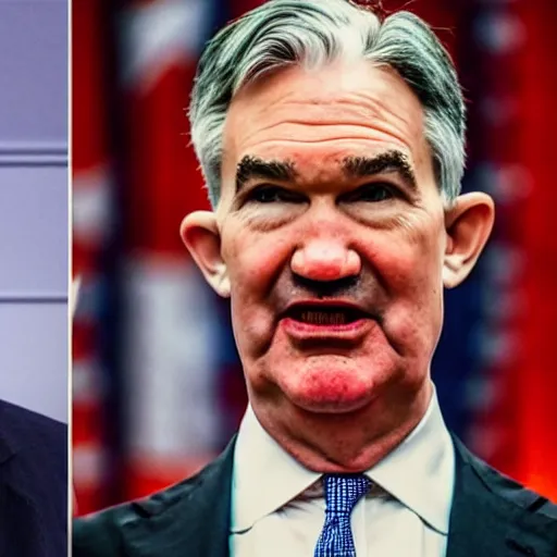 Image similar to detailed photo of Jerome Powell with whiteface clown makeup using a flamethrower