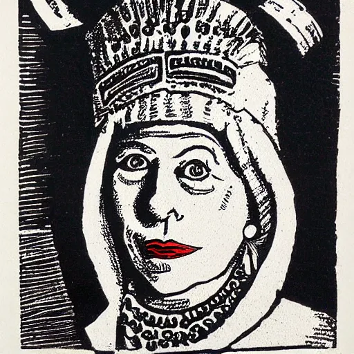 Prompt: queen elizabeth wearing skimask, lino print as whiskey bottle label