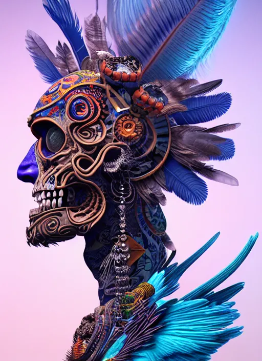 Image similar to 3 d shaman with tattoos profile portrait, sigma 5 0 0 mm f / 5. beautiful intricate highly detailed quetzalcoatl skull and feathers. bioluminescent, plasma, lava, ice, water, wind, creature, thunderstorm! artwork by tooth wu and wlop and beeple and greg rutkowski, 8 k trending on artstation,