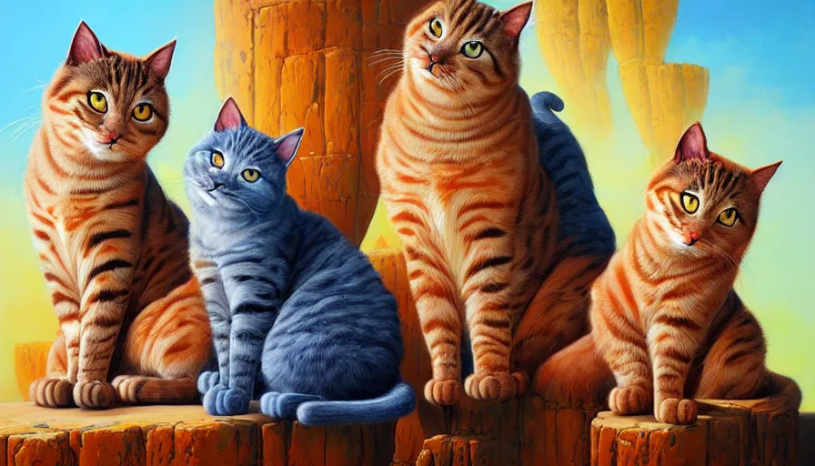 Image similar to highly detailed contemporary acrylic painting of really tall sitting cats by justin gerard, thick brush strokes and visible paint layers, vivid multicolor scheme