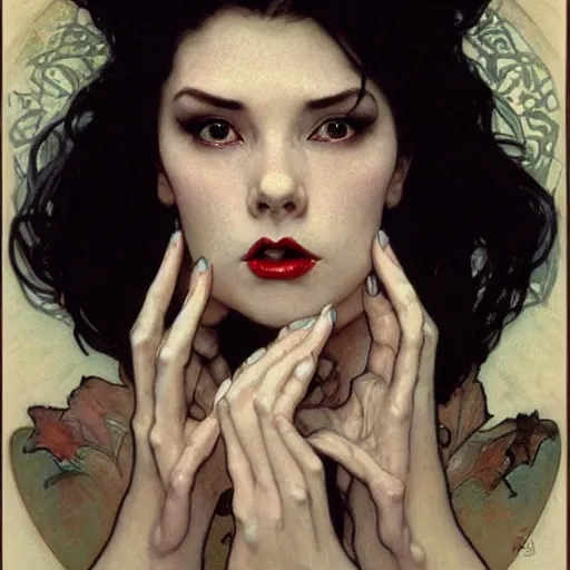 Prompt: portrait of a very beautiful vampire, full body composition, pensive expression, by Stanley Artgerm Lau, greg rutkowski, thomas kindkade, alphonse mucha, loish, norman rockwell, J. C. Leyendecker. dark black hair, pale skin, detailed eyes, red lips. dark, scary, eldritch horror. rule of thirds extremely detailed illustration hd 4k